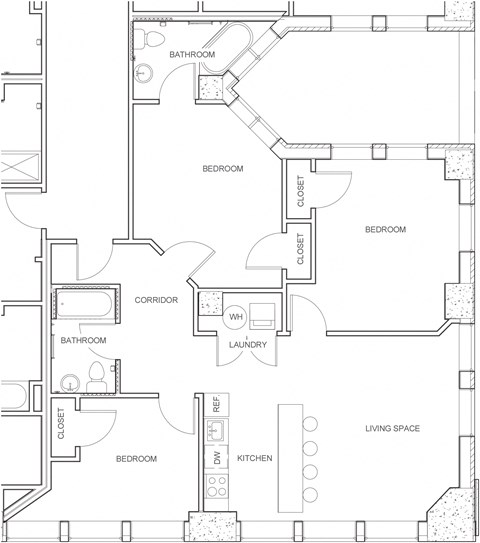 Floor plan for 3 beds, 2 baths, 1182 sqft
